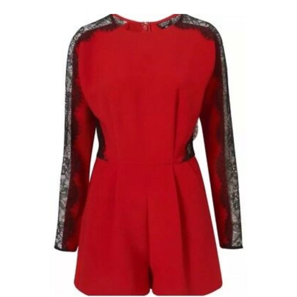 TOPSHOP Red w/Black Lace Trim Romper- Size 6
